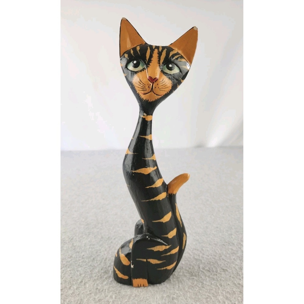 Vtg Whimsical Folk Art Cat Wooden Tiger Stripes Hand Painted Sculpture Figure